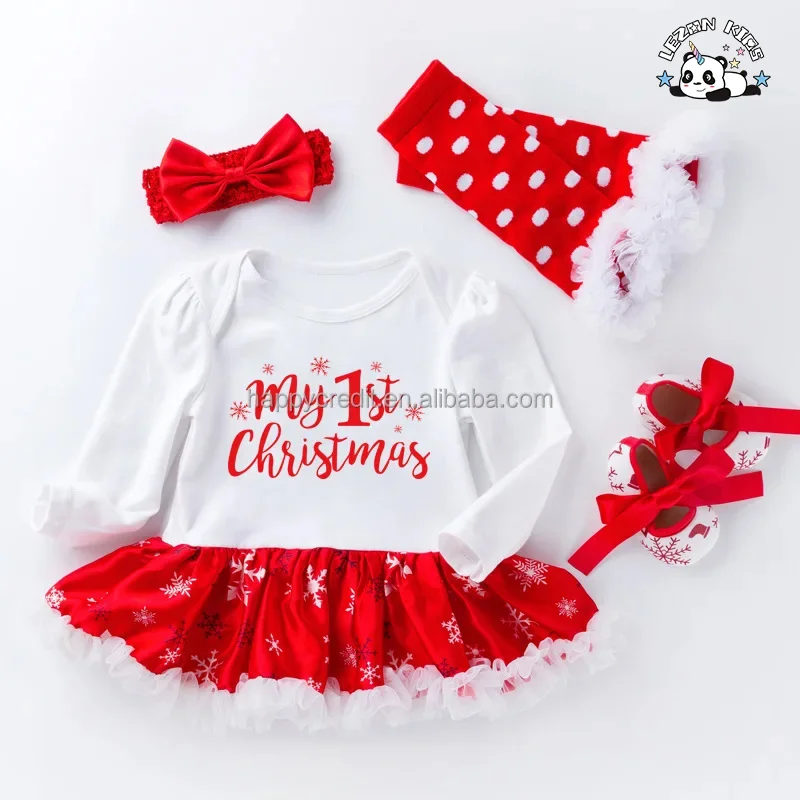 LEZONKIDS - Conjunto de Vestido de Natal de Inverno Personalizado para Bebê Menina Manga Longa Cartoon Vestido 4 Peças Conjunto de Sapatos Meias para Roupas de Bebê Menina